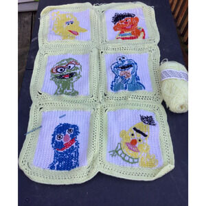 Vintage Sesame Street 6 Panel Knit Blanket Cookie Monster Grouch Big Bird Bert &